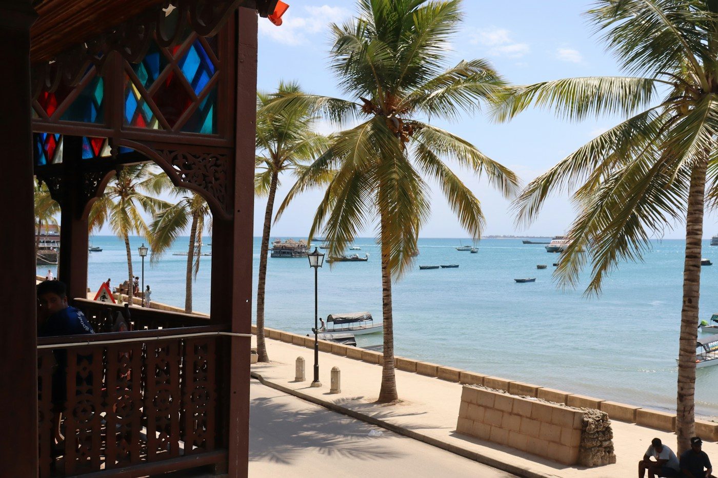 Carved wooden beach terrace looking out over the ocean