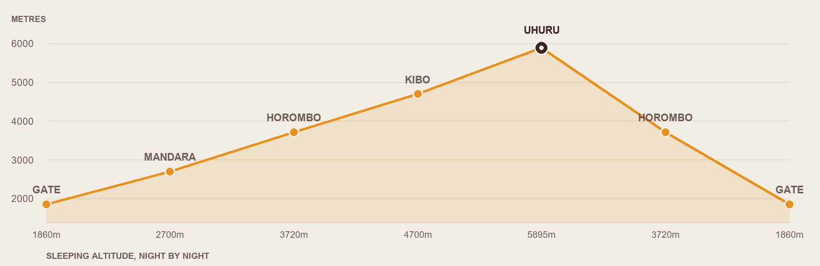 Marangu Route altitude profile - sleeping altitude each night from Marangu Gate to Uhuru Peak