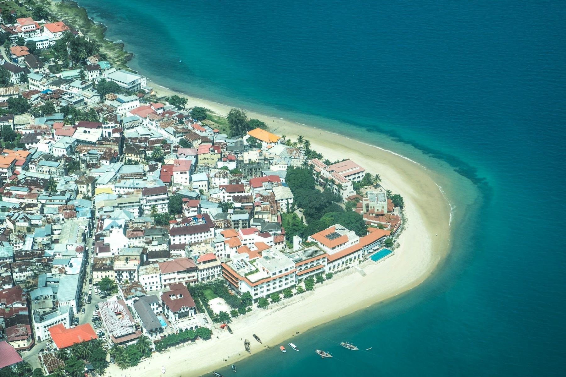 Aerial view of Stone Town's rooftops and harbour