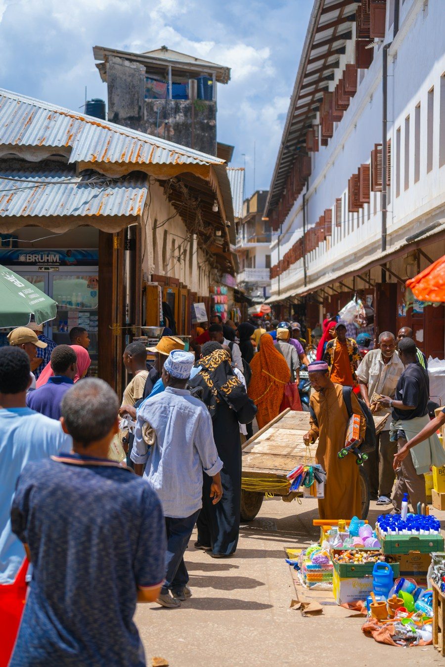 A crowded market street in Stone Town